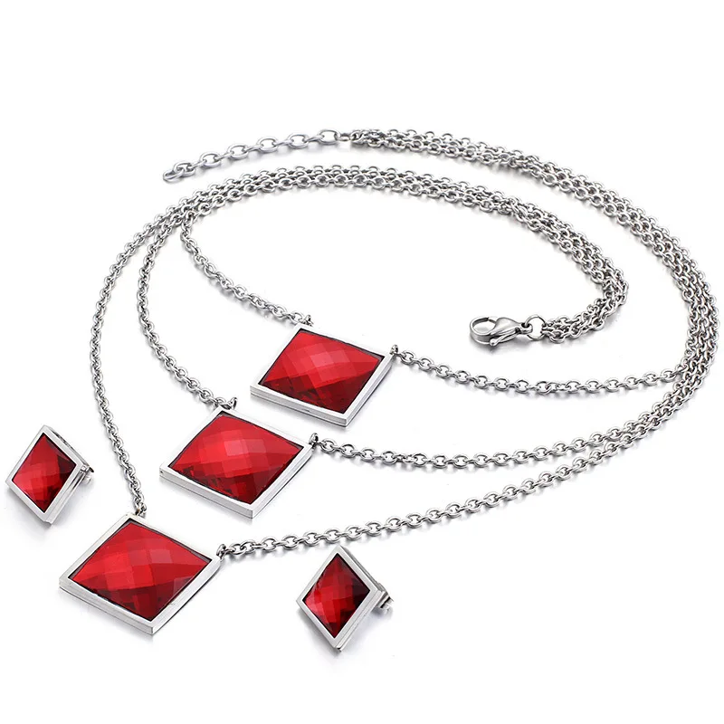 Silver Red Модная женская простая серебряная Золотая нержавеющая сталь квадратное стекло синий черный белый красный кристалл джокер ожерелье серьги Ювелирные наборы - Окраска металла: Silver Red