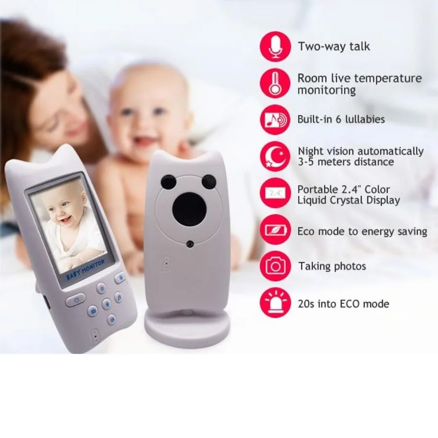 2.4-дюймовый цифровой детский монитор ECO портативная беспроводная камера няни с интеркомом, контролем температуры, фотосъемкой и колыбельными песнями.