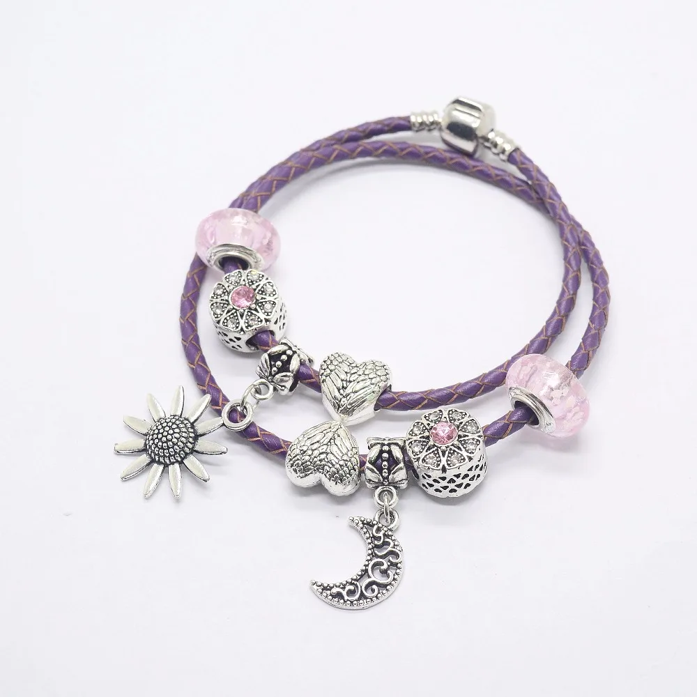 

Pink styl Women bracelet Murano Glass Bead Crystal Sun and moon love Awareness fit european bracelet women charm js1498