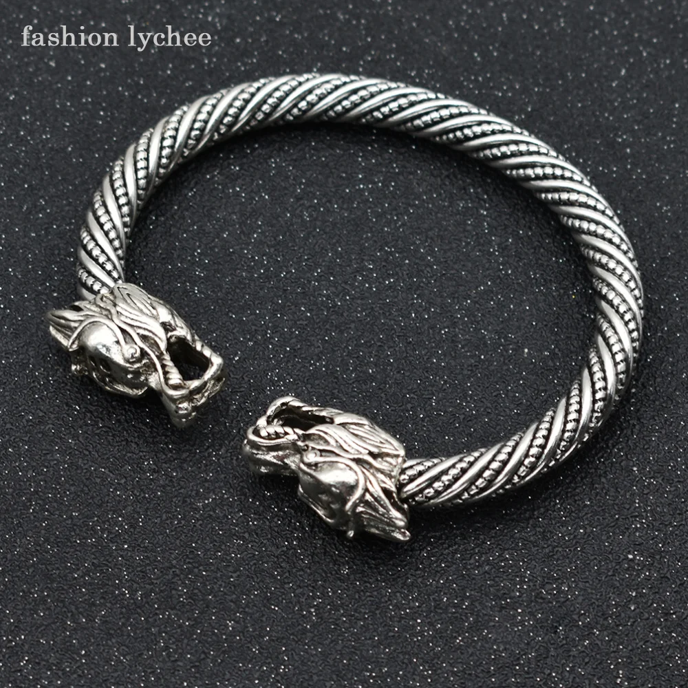 Модный металлический браслет lychee Viking с открытым дизайном в виде головы дракона для мужчин, Браслет-манжета, винтажное модное ювелирное изделие, подарок