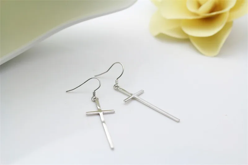 Real 925 Sterling Silver Long Cross Drop Dangle Hook Earrings For Women Girls Jewelry Gift Pendientes Aros Oorbellen Orecchini