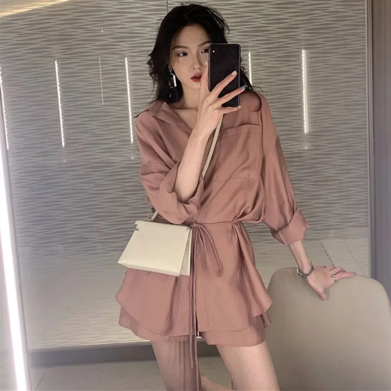 Летний Повседневный Женский комплект из 2 предметов шелковые рубашки и широкие