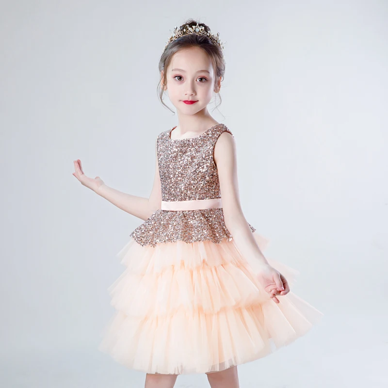 

Sequin Tulle Flower Girl Princess Dress Layered Lace Kids Girl Formal Birthday Wedding Pageant Party Dress First Communion Gown