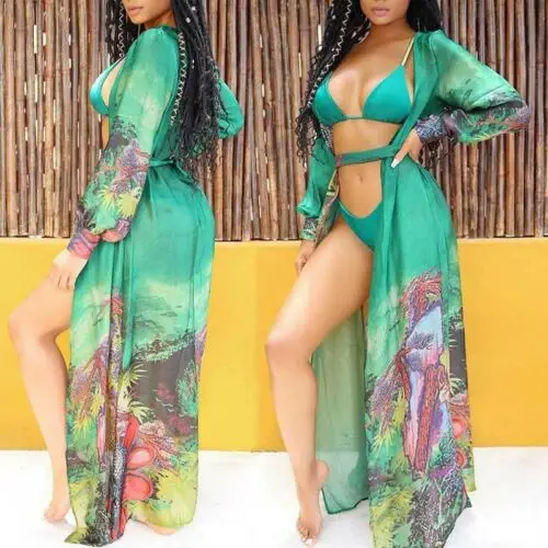 Для женщин летние макси цветочные кимоно кардиган Купальник Пляж Cover Up Robe