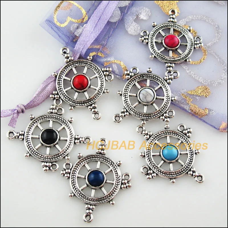 

12Pcs Tibetan Silver Color Rudder Mixed Stone Charms Pendant 27.5x33.5mm