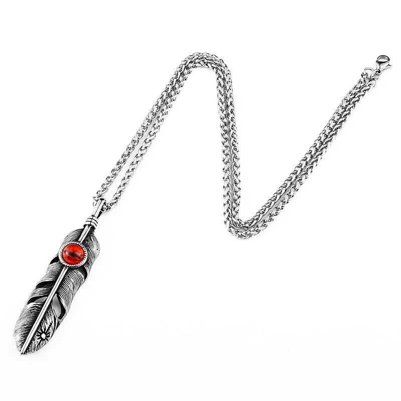 BEIER Stainless Steel Retro Feather with Red evil eye charm Pendant Necklace Vintage Leaf Jewerly for men women gift LHP028 | Украшения и