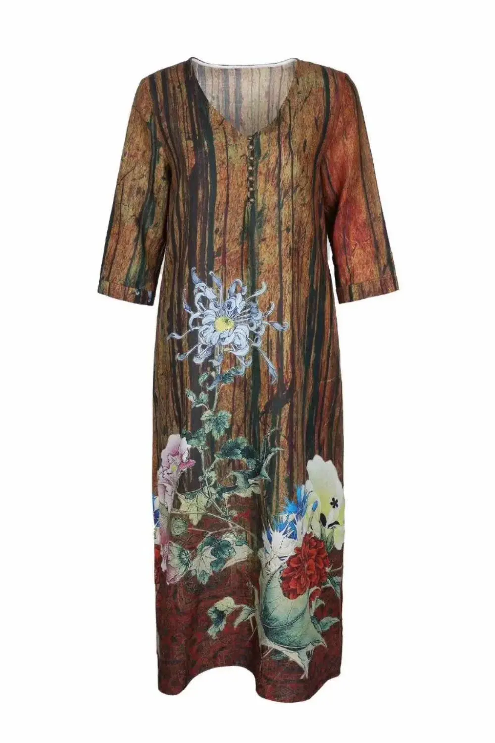 

2019 New Ramie Summer Women High Quality V-Neck Three Quarter sleeves Lightweight Straight Embroidery Ladies Casual Dresses
