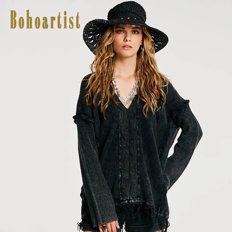 Bohoartist 2018 осень Для женщин свитер черный с бахромой модные свободные длинным