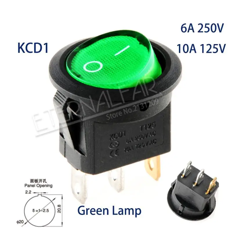 KCD1 Green Square 3J SPST 6A 250 в 10 a 125 В AC ВКЛ-ВЫКЛ круглый переключатель 12 В светодиодный кулисный переключатель Светодиодный точечный светильник Светодиодная подсветка для автомобиля приборной панели - Цвет: KCD1 Green Square 3J