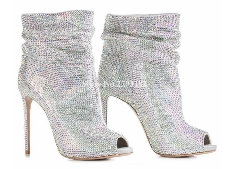 Для Женщин Очаровательный Bling открытый носок со стразами тонкий каблук Полусапожки без застежки цвет серебристый, Золотой со стразами ботильоны на высоком каблуке свадебные