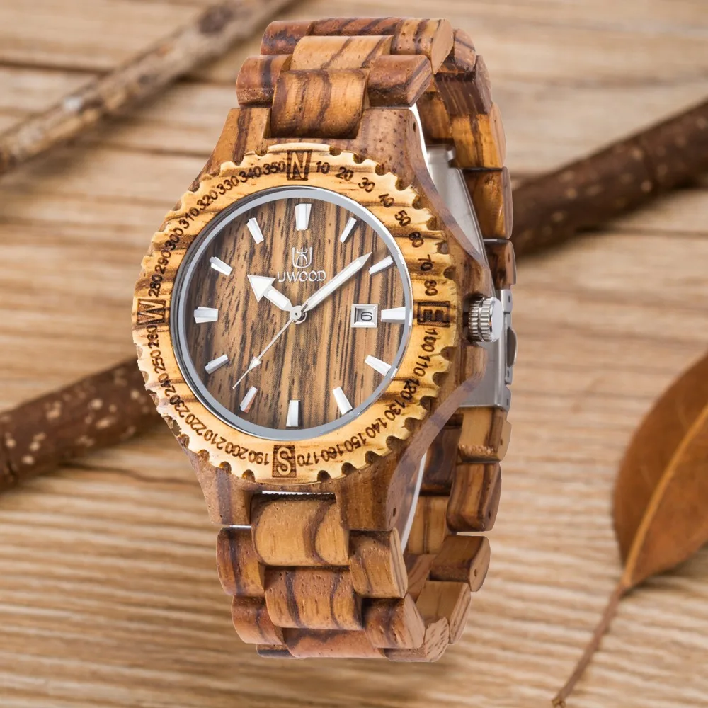 Платье Кварцевые деревянные наручные часы для мужчин UWOOD бренд календарь