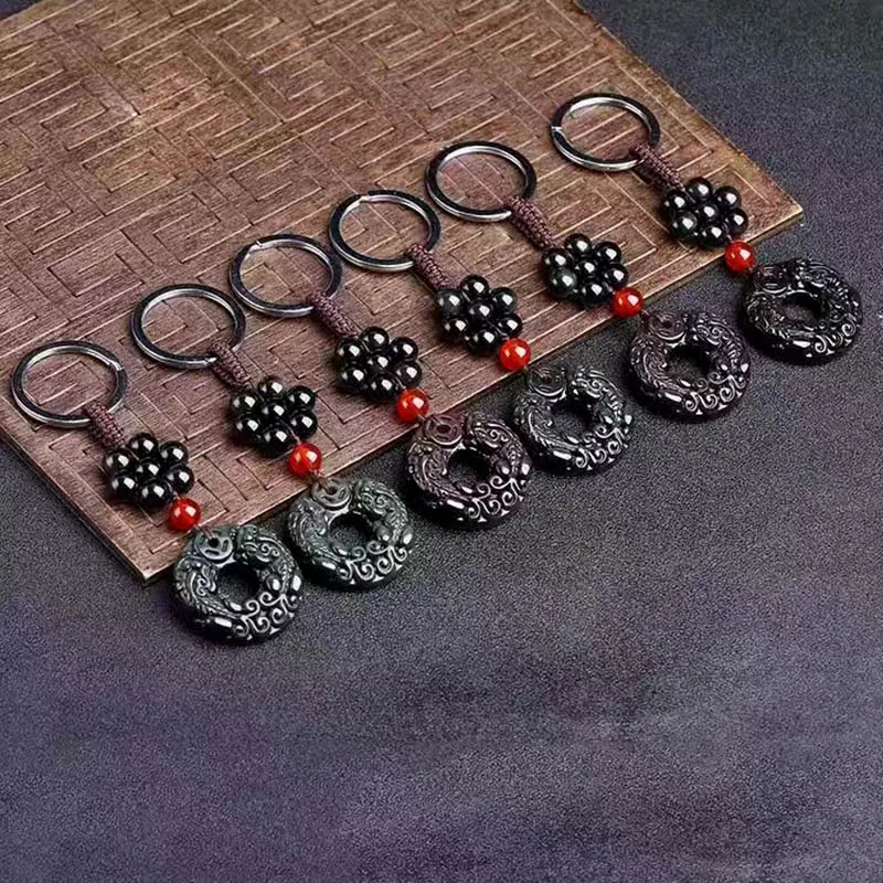 Круглый брелок для ключей из натурального обсидиана блестящая безопасная кнопка