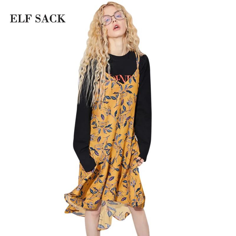 Женское платье на бретельках ELFSACK черное винтажное с цветочным принтом|sling dress|dress