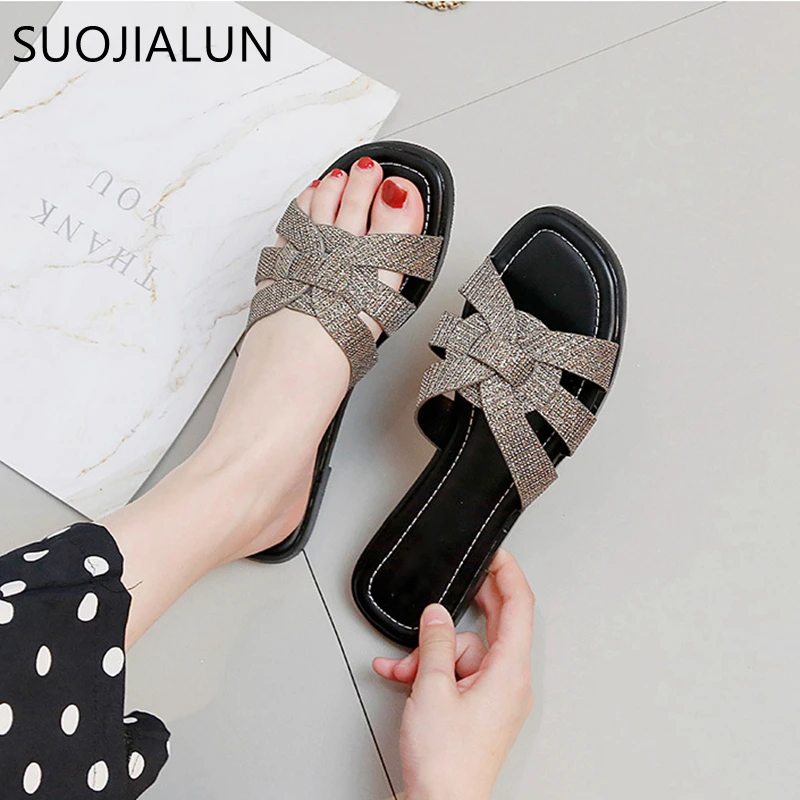 SUOJIALUN/женские шлепанцы; большие размеры 35-43; летние пляжные шлепанцы; Повседневная элегантная сандалия для женщин; повседневная обувь на плоской подошве