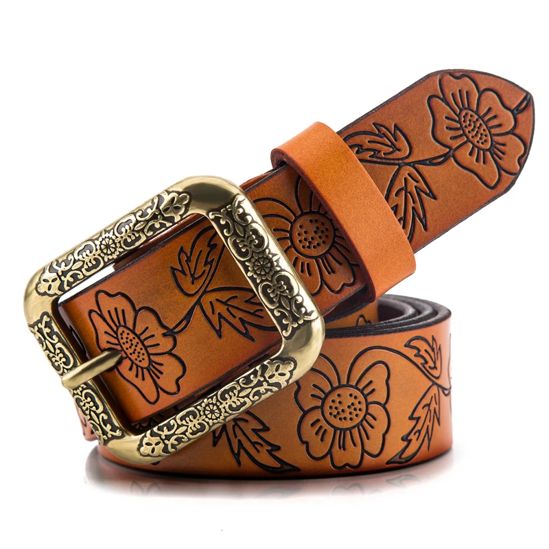 Винтажный женский ремень из натуральной кожи пояс воловьей с резным цветком для