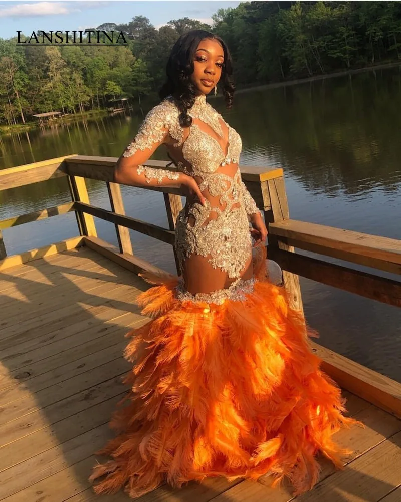 2K19 Girls Pageant Dresses Mermaid Long Sleeves Organza Prom Gowns Bling Beaded Feather Evening Dress High Neck | Свадьбы и