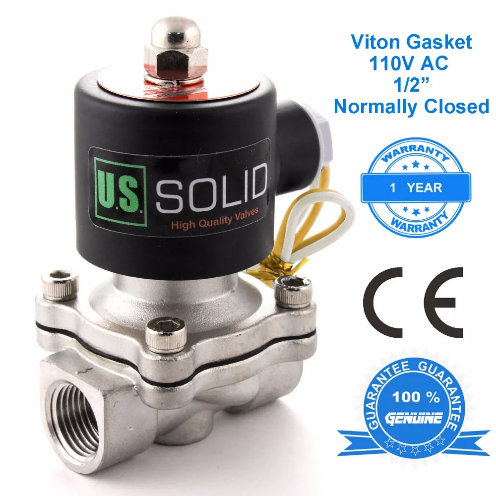 

U.S. Solid 1/2" Stainless Steel Electric Solenoid Valve 110V AC Normally Closed water, air, diesel, CE Certified