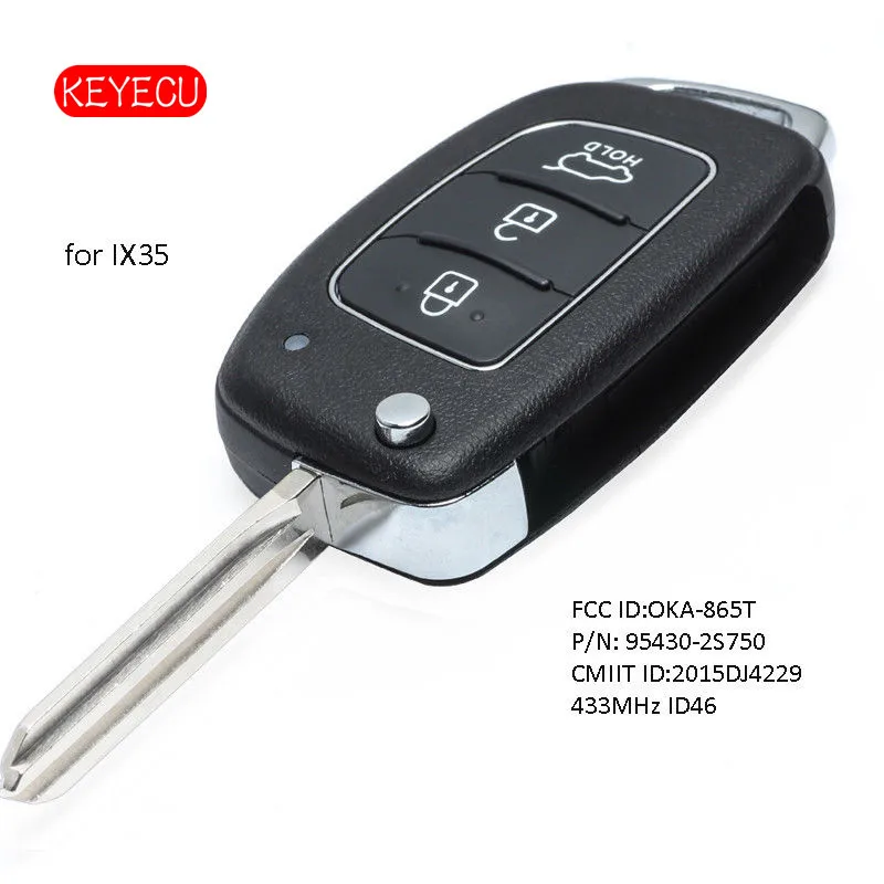 

Keyecu Flip 3 Button Remote Key Fob 433MHz ID46 Chip for Hyundai IX35 Tuscon 2014-2016 P/N: 95430-2S750