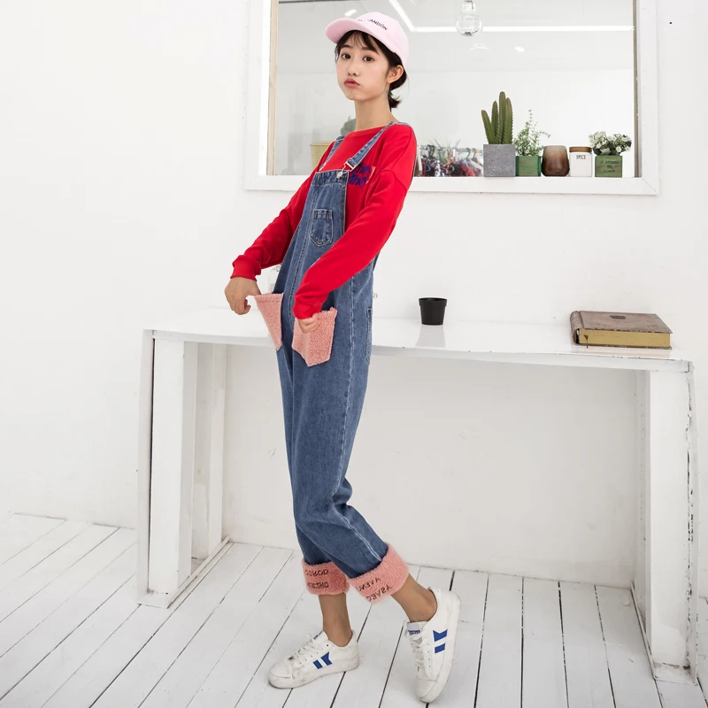 Woollen Patchwork Denim Overalls For Women Autumn Winter 2018 Roll Up Pockets Design Casual Embroidery Jumpsuit Romper | Женская одежда