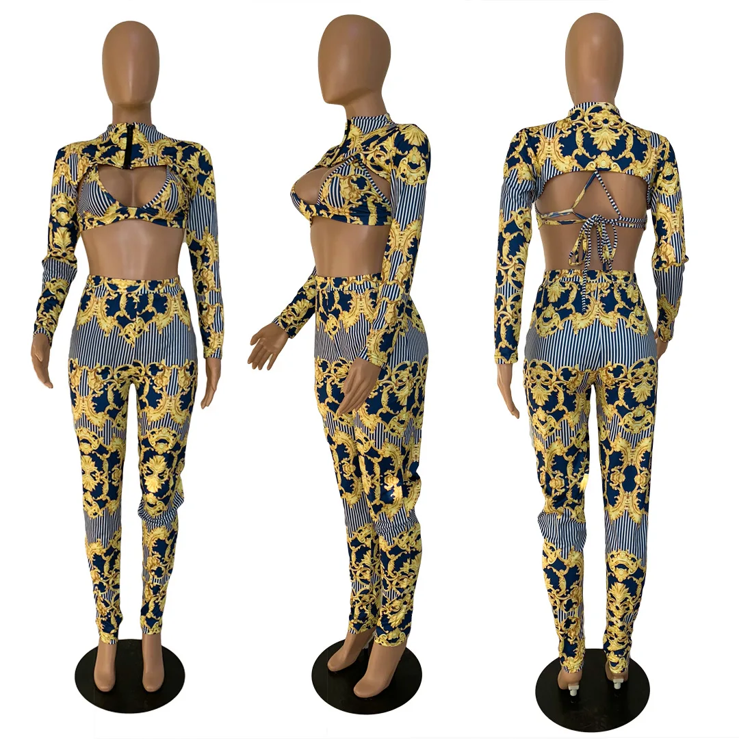 Спортивный костюм с длинным рукавом топ принтом + бюстгальтер леггинсы зимний