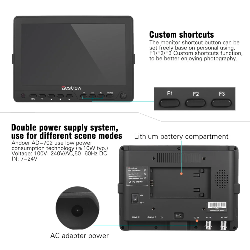 Andoer AD-702 7-дюймовый ультратонкий HD-монитор 1280x800 IPS экран камеры полевой монитор