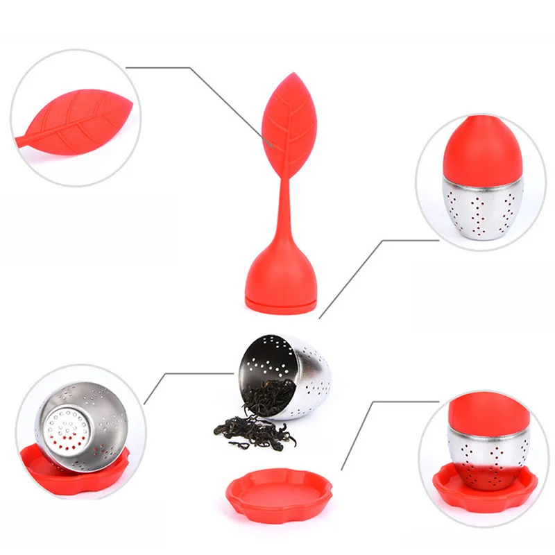 Multi Color Tea Infuser Sweet Leaf Silicone Filter Cute Reusable Strainer With Drop Tray Herbal Spice &amp Coffee |