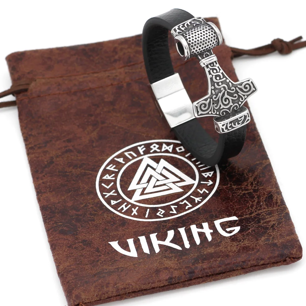 Мужской скандинавский браслет викингов Тор молот MJOLNIR из натуральной кожи