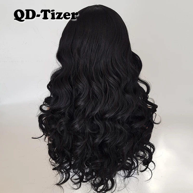 QD Tizer Body Wave черный цвет с челкой кружевные парики без клея крупные волнистые