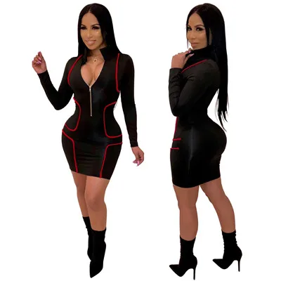 black dress Adogirl облегающее платье на молнии со стоячим воротником и v-образным вырезом, с длинным рукавом, женское модное Повседневное платье, облегающее мини Клубное вечернее платье, наряды - Цвет: black dress
