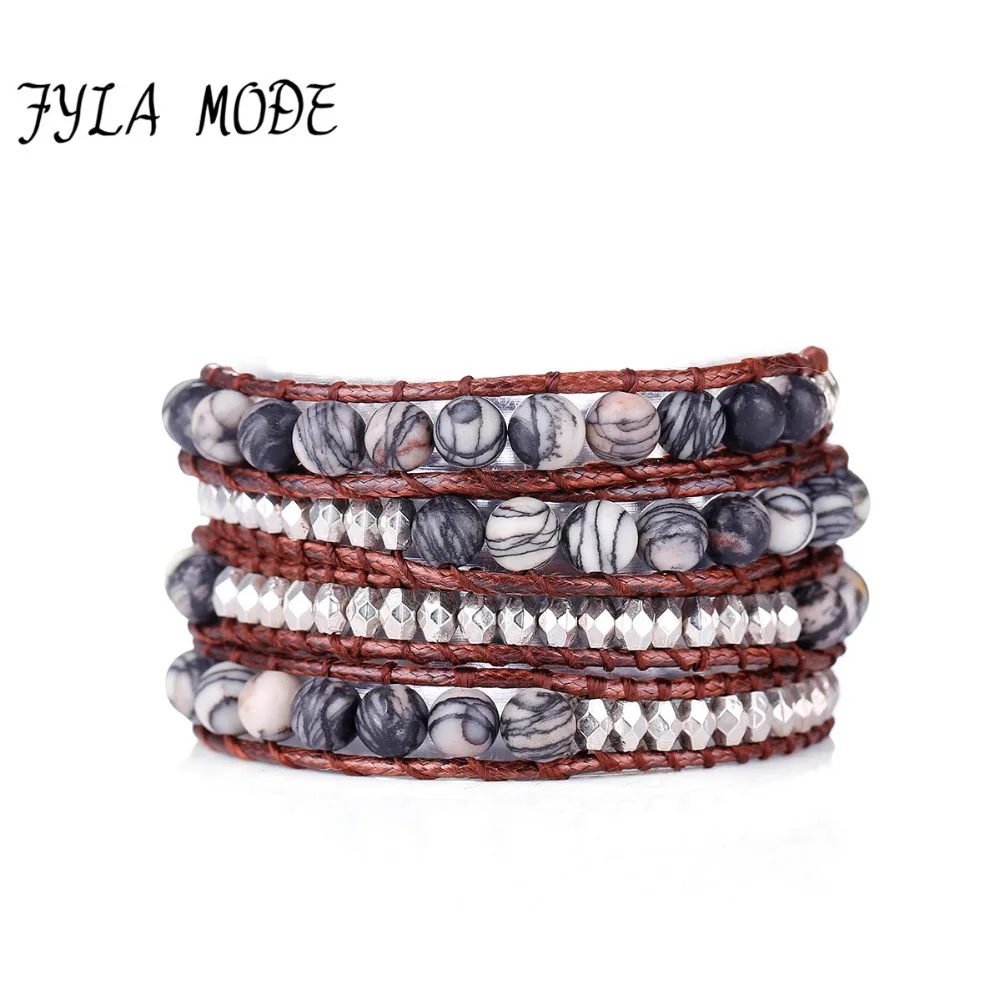 Fyla Mode Unique Natural 6mm Stone Beads Wax Cord Wrap Bracelet Personalized Multi Layered | Украшения и аксессуары
