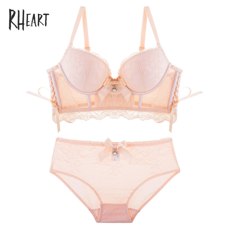 Pink Roseheart, новинка, женское модное сексуальное белье, Кружевные бретельки, без косточек, хлопковые трусики, Бюстгальтер пуш ап на косточках, наборы нижнего белья, большие размеры - Цвет: Pink