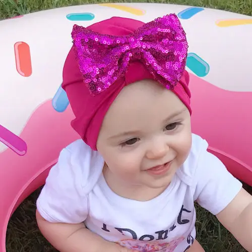 Новинка 2018 модные шапки с бантом и блестками для новорожденных детский тюрбан