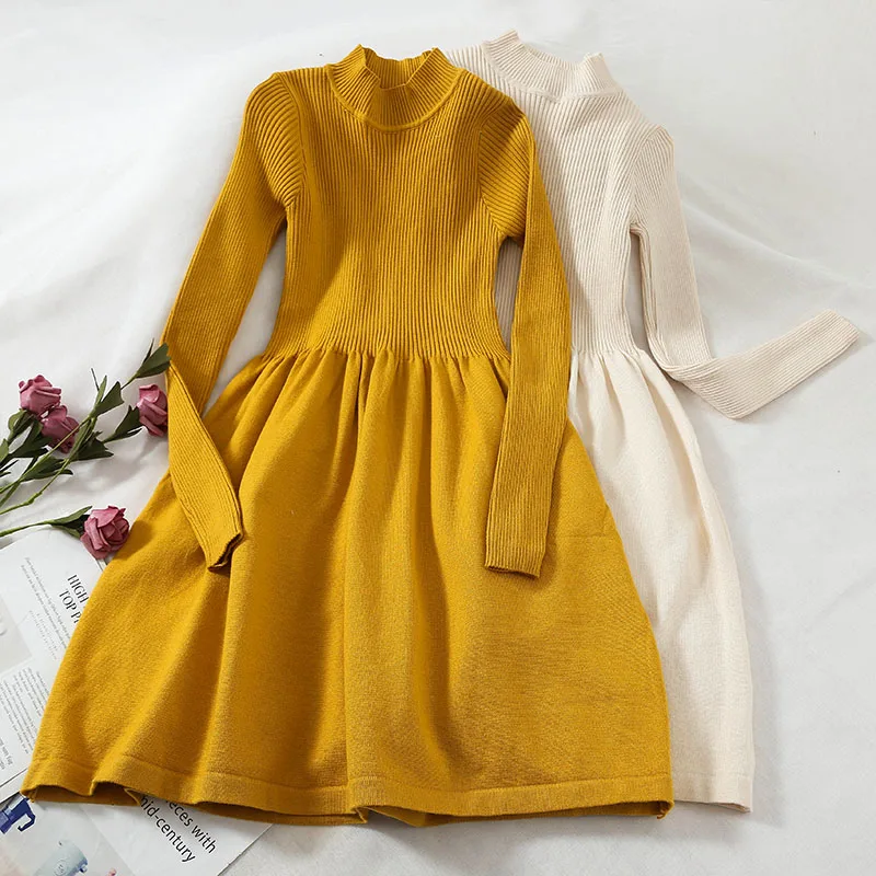 Новинка 2019 модные женские вязаные платья зимний тонкий свитер с высоким