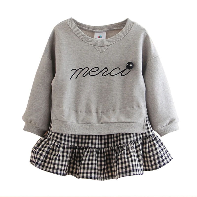 

2018 Fashion Fake Two Pieces Girls Sweatshirt Letter Print Casual Children Clothing Black White Grid Splice Baby Girl Kids Tops