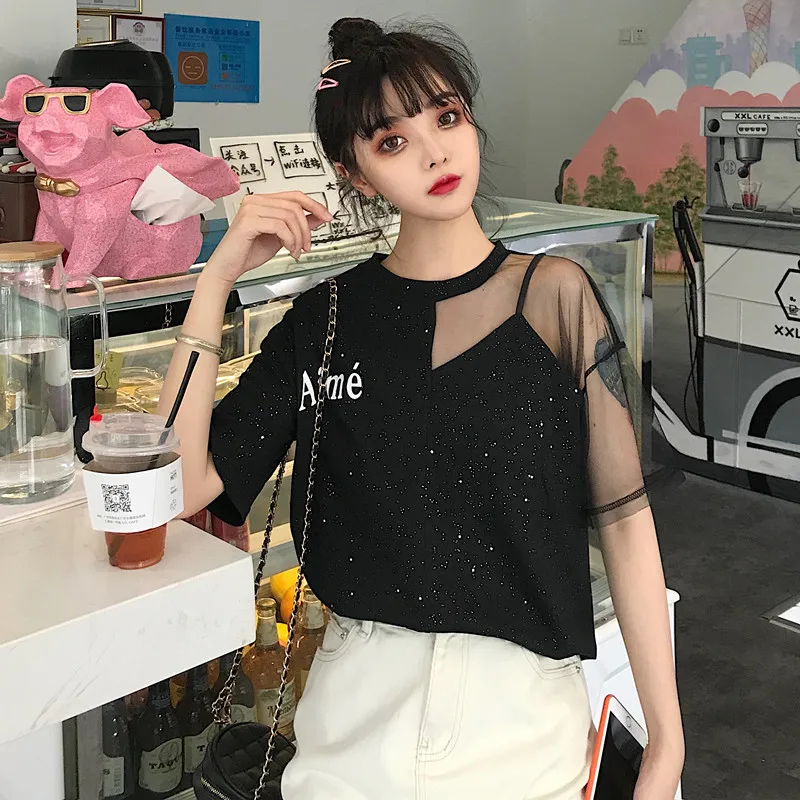 2 цвета лето 2019 китайский корейский стиль блестящая сетка пэчворк свободные топы