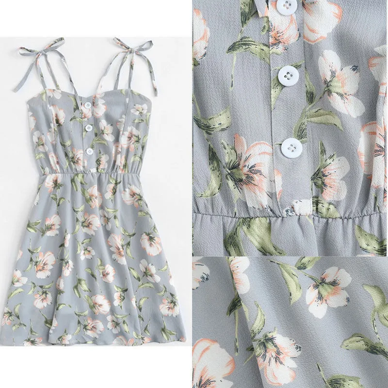 New Fashion Womens Ladies Boho Floral Printed Mini Dress Summer Strapless Dresses Button Bohemian Sleeveless V-neck Empire | Женская