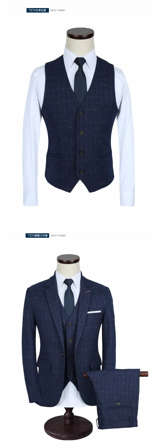 New Stripe Men Suits Wedding Slim Fit Suit Business Groom Formal Male Tuxedo Blazers Blue/Black Jacket+Pants+Vest | Мужская одежда