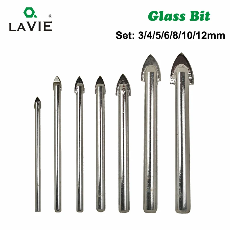 LA VIE 7pcs Glass Bits Round Shank Glass Drill Bit Set 3 4 5 6 8 10 12mm Wall Tile Ceramic Marble Hole Glass Hole Saws DB02006