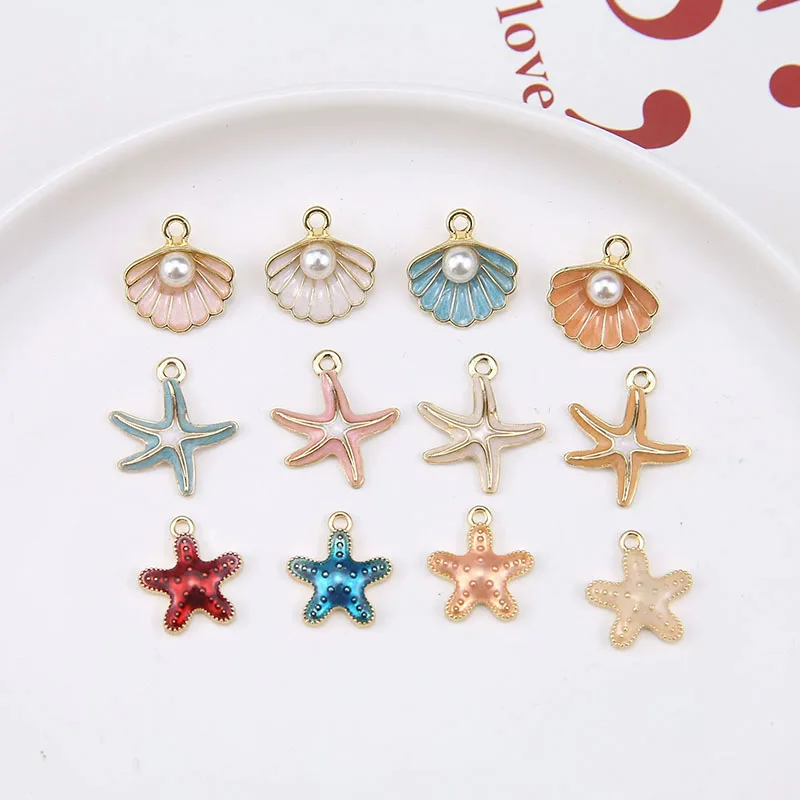 

Оптовая продажа, 50 шт./лот, позолоченное ювелирное украшение в виде капли масла, подвески в виде морской раковины, в форме звезд, металлический сплав, эмаль, DIY, серьги, ожерелье, Шарм