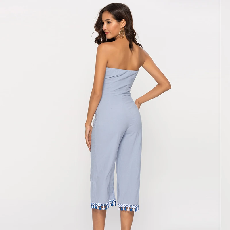 Женский светло голубой сексуальный комбинезон с перекрещивающимися бретелями