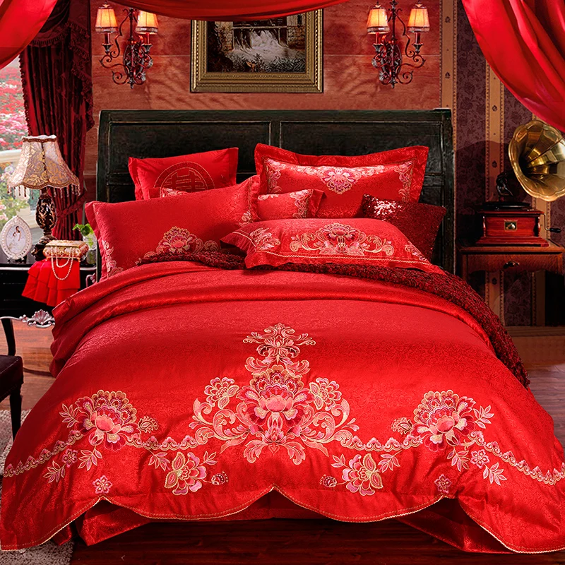 

Chinese Style Luxury Wedding Bedding set Stain Jacquard Double King Queen Size Red Color Bedclothes Duvet cover Bedsheet Set