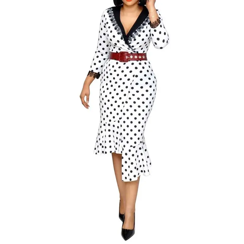 Сексуальный элегантный в горошек Bodycon платье Для женщин кружева v-образным