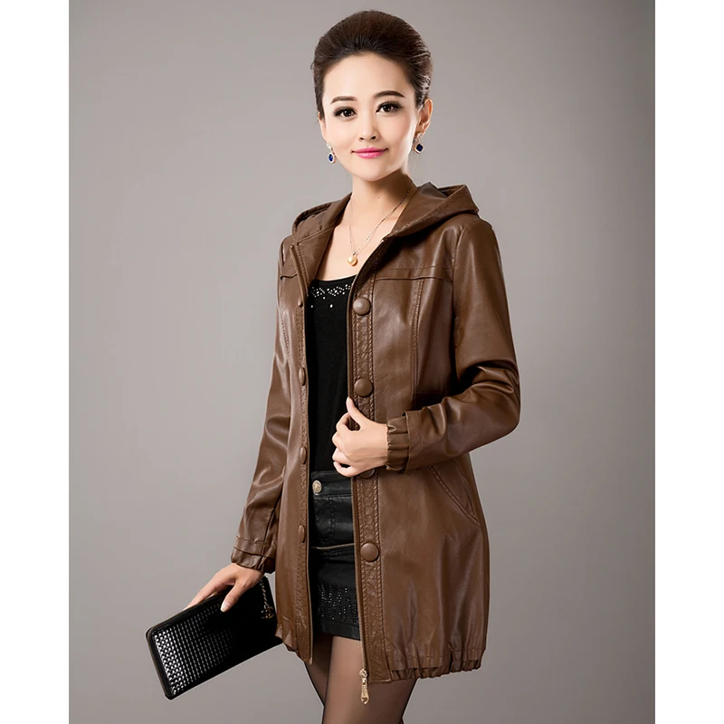 Осенние женские Куртки из искусственной кожи модные средней длины женская