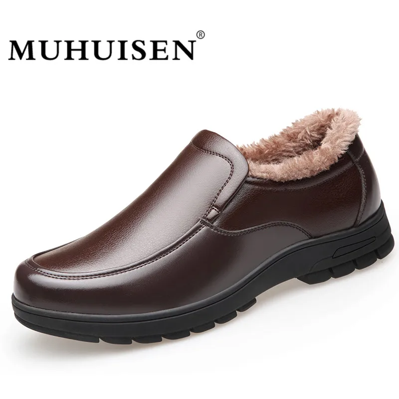 Russia Style Winter Men Leather Boots Fashion Slip On Driving Loafers Plush Male Warm Snow Breathable Flats Shoes MUHUISEN | Обувь