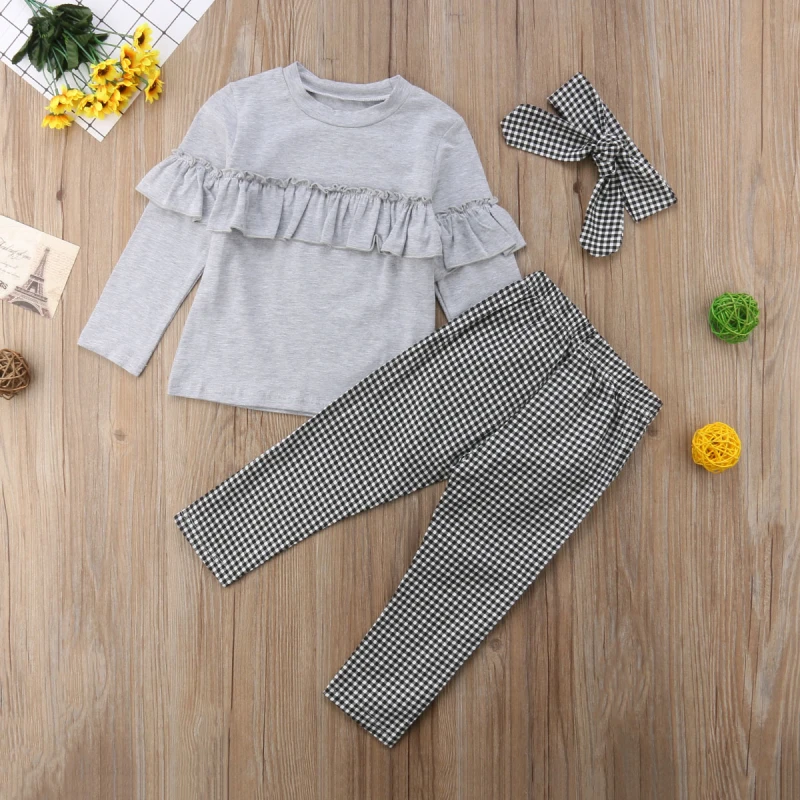 Toddler Kids Baby Girl Grey Ruffle T Shirt Tops White Black Plaids Pants Leggings 3Pcs Headband Outfits Clothes Set | Детская одежда и