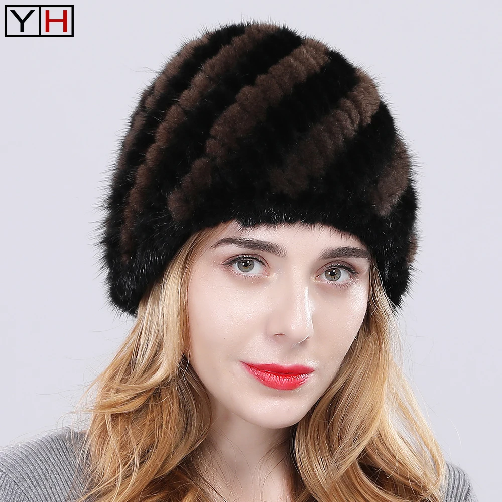 Шапка из натурального меха норки женская зимняя вязаная шапка ручной работы