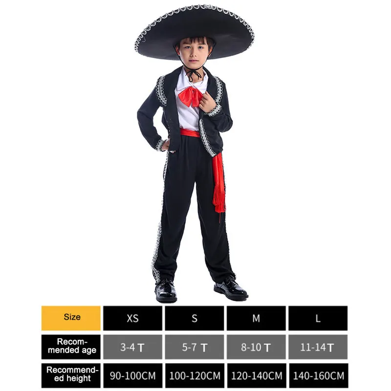 Black Мексиканский танцевальный костюм на Хеллоуин, Mariachi Amigo для детей, маскарадные костюмы для мальчиков, Детская праздничная одежда для выступлений - Цвет: Black