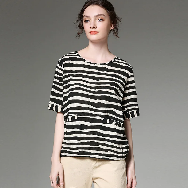 2019 Summer Cotton linen stripe tops round neck short sleeves juniors comfortable loose fit casual shirt cute plus size blouse | Женская