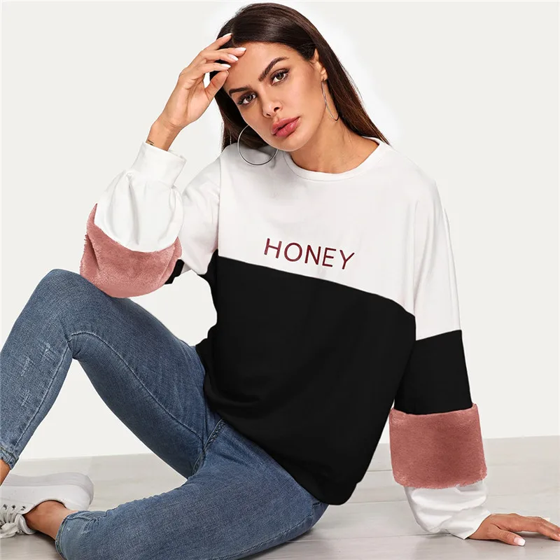 SweatyRocks Повседневная Толстовка из искусственного меха с цветными блоками и буквенным принтом, пуловеры с рукавом Бишопа, одежда, осенние женские толстовки