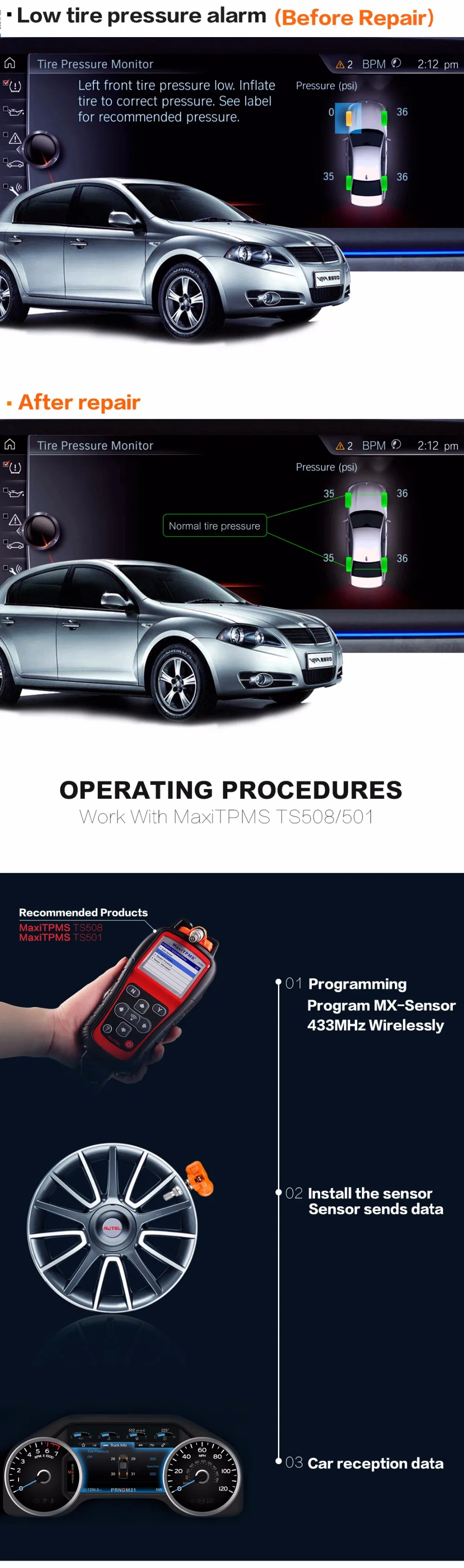 Autel TPMS Сенсор MX-Сенсор 433 МГц Инструменты для ремонта шин TPMS Сенсор Поддержка программирования с TS501 TS508 MX Сенсор 433 МГц